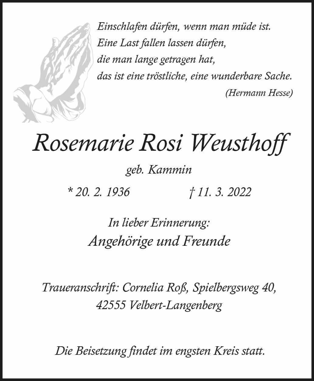 Rosemarie Rosi Weusthoff † 11. 3. 2022