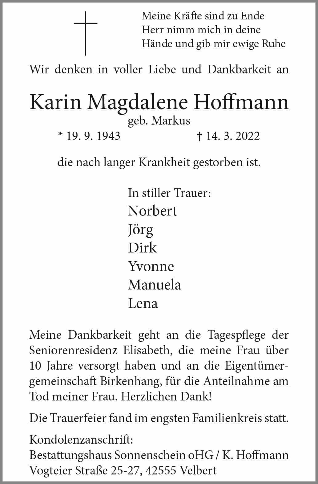 Karin Magdalene Hoffmann † 14. 3. 2022