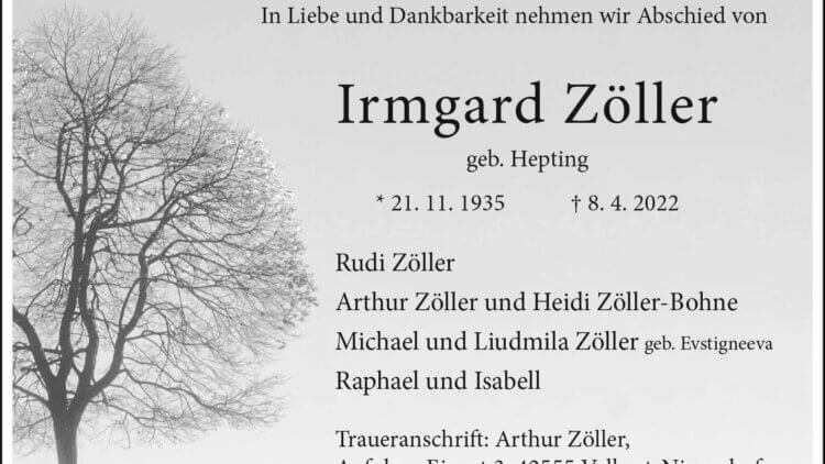 Irmgard Zöller † 8. 4. 2022