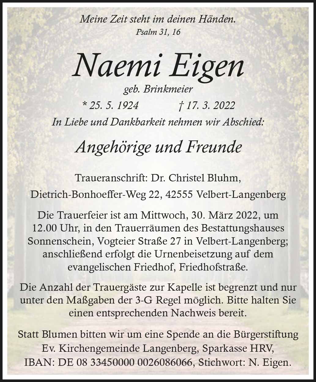 Naemi Eigen † 17. 3. 2022