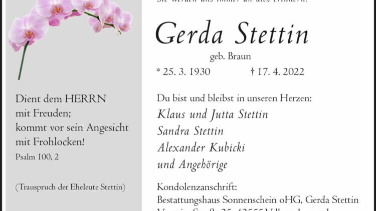 Gerda Stettin † 17. 4. 2022