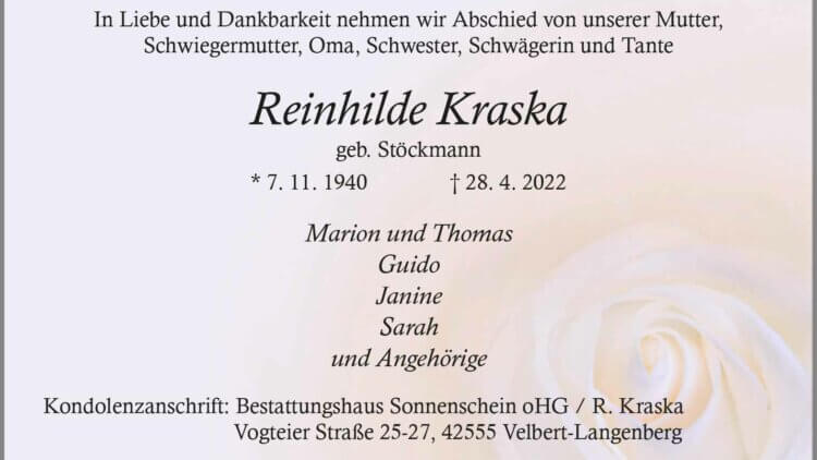 Reinhilde Kraska † 28. 4. 2022