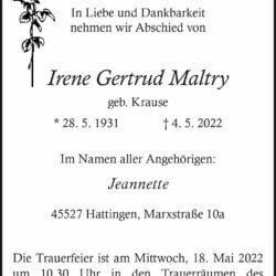 Irene Gertrud Maltry † 4. 5. 2022