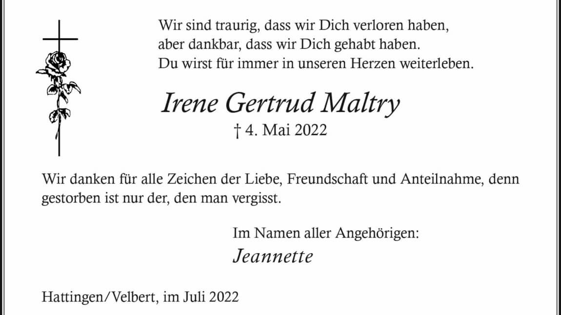 Irene Gertrud Maltry -Danksagung-