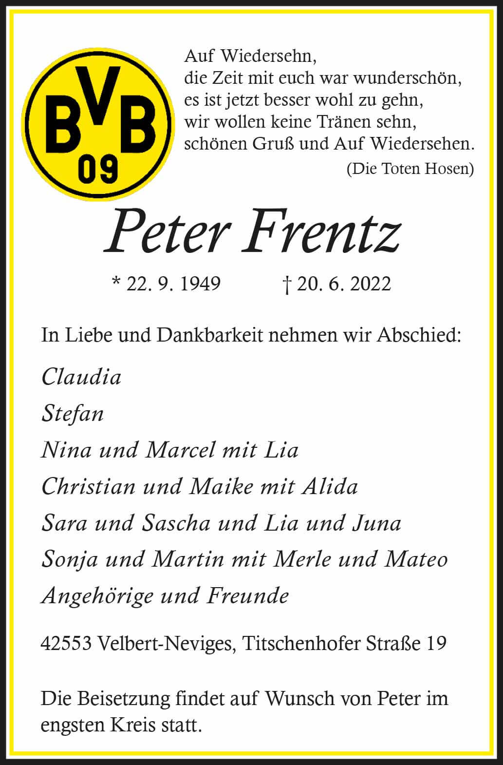 Peter Frentz † 20. 6. 2022