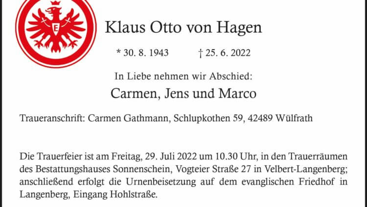 Klaus Otto von Hagen † 25. 6. 2022
