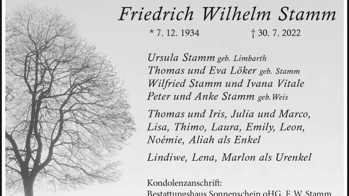 Friedrich Wilhelm Stamm † 30. 7. 2022