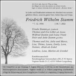 Friedrich Wilhelm Stamm † 30. 7. 2022