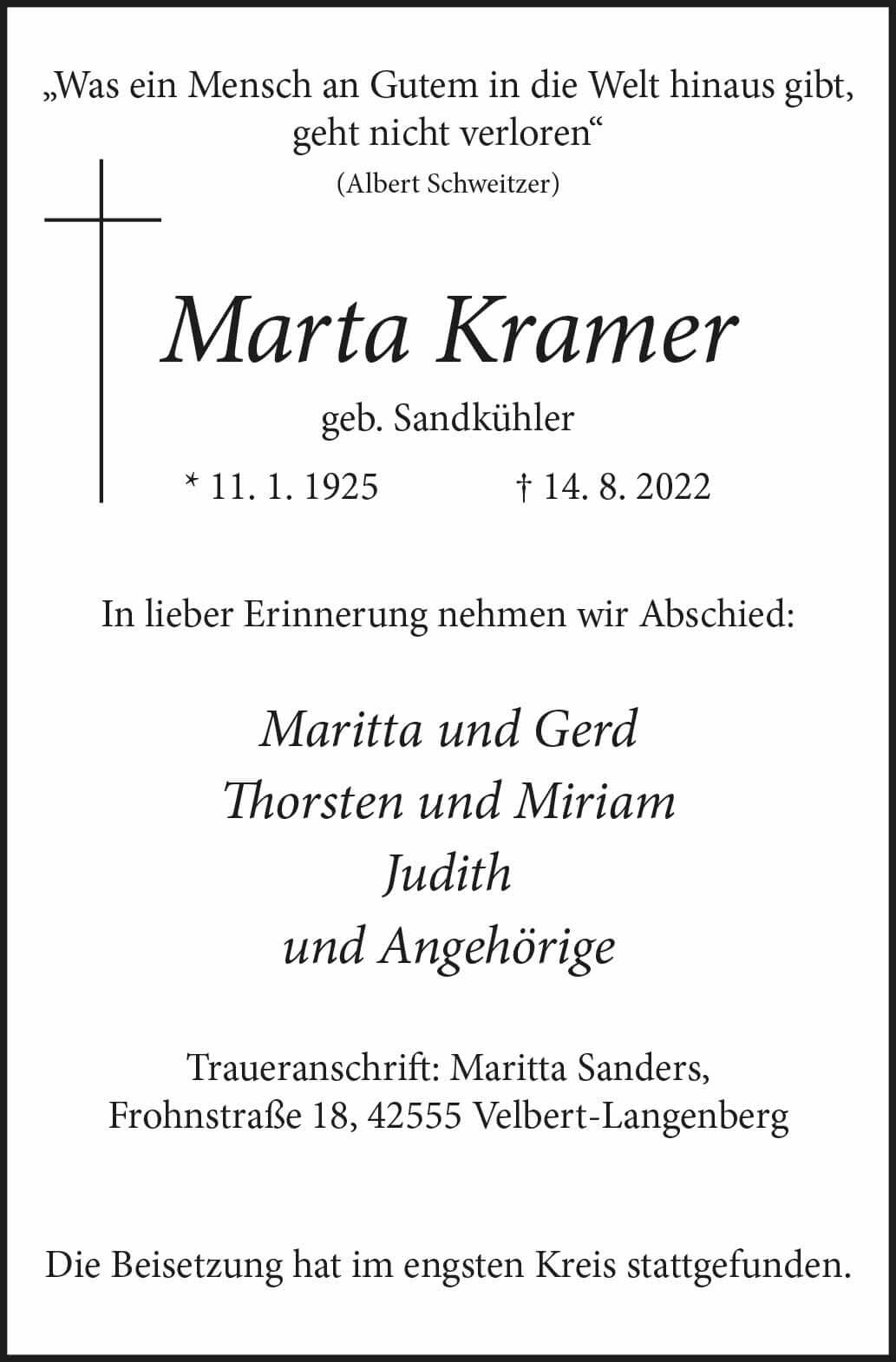 Marta Kramer † 14. 8. 2022