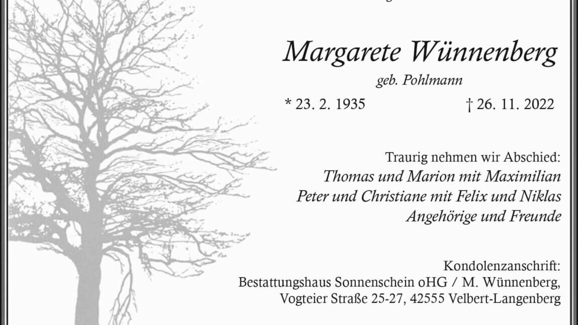 Margarete Wünnenberg † 26. 11. 2022