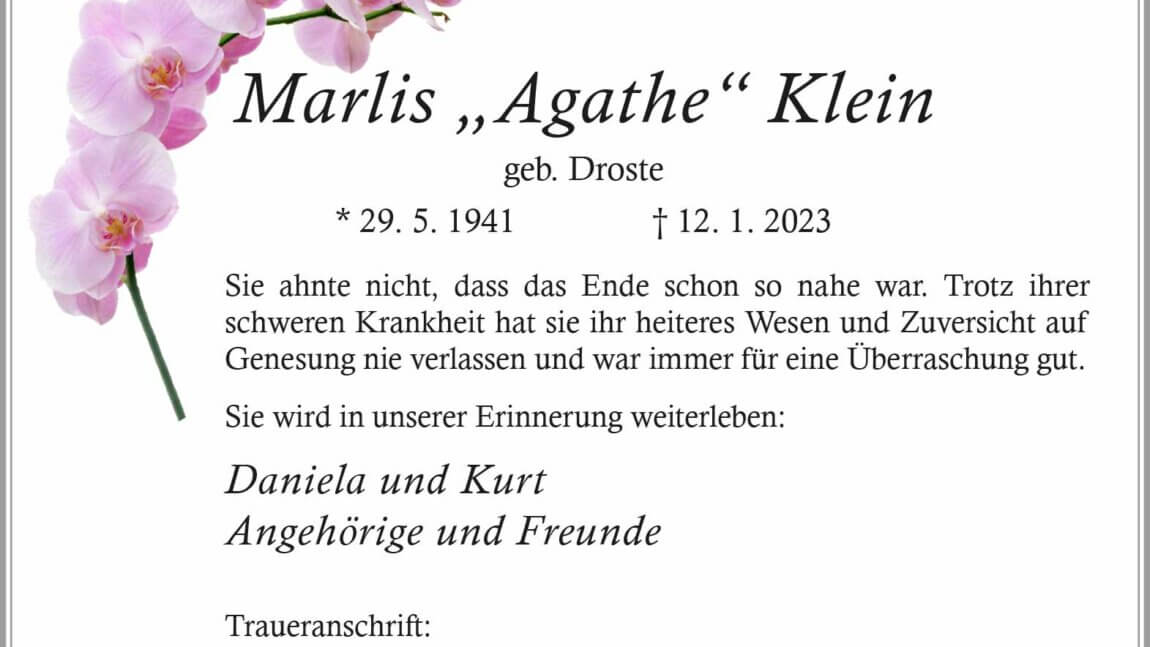 Marlis „Agathe“ Klein † 12. 1. 2023