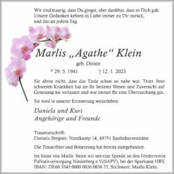 Marlis „Agathe“ Klein † 12. 1. 2023