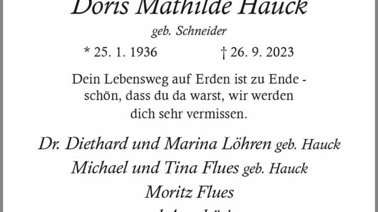 Doris Mathilde Hauck † 26. 9. 2023