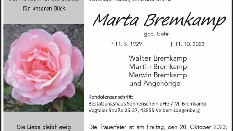 Marta Bremkamp † 11. 10. 2023