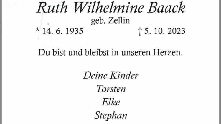 Ruth Wilhelmine Baack † 5. 10. 2023
