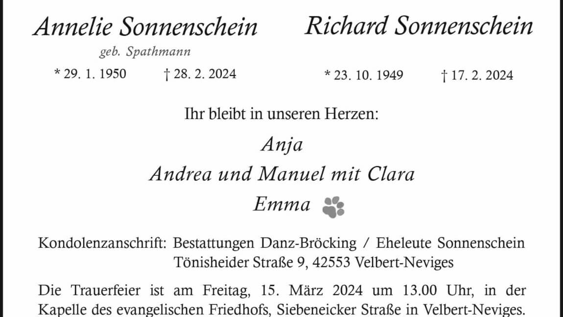 Anneliese & Richard Sonnenschein                                 † 28. 2. 2024 & 17. 2. 2024