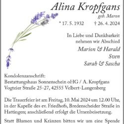 Alina Kropfgans † 26. 4. 2024