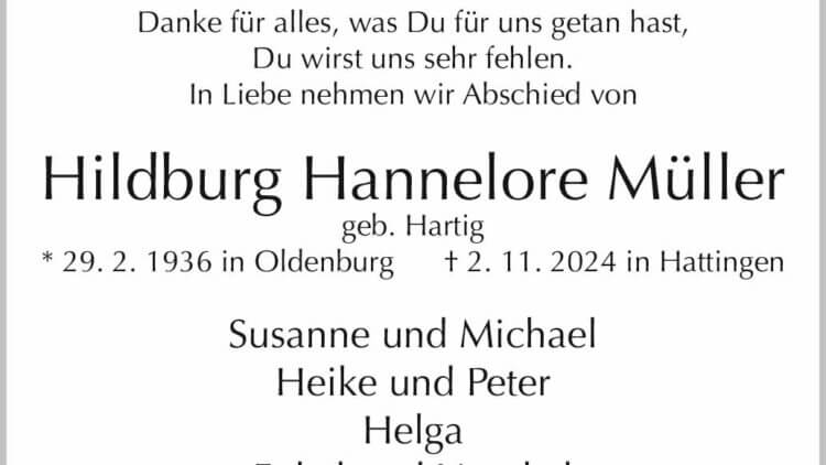 Hildburg Hannelore Müller † 2. 11. 2024