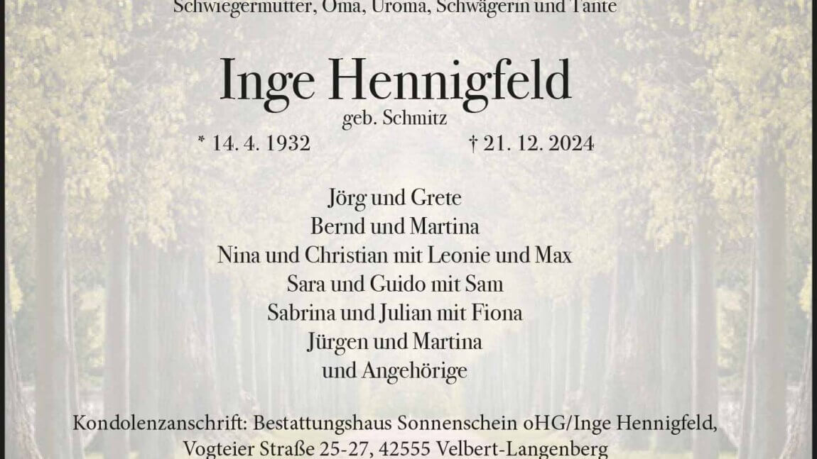 Inge Hennigfeld † 21. 12. 2024