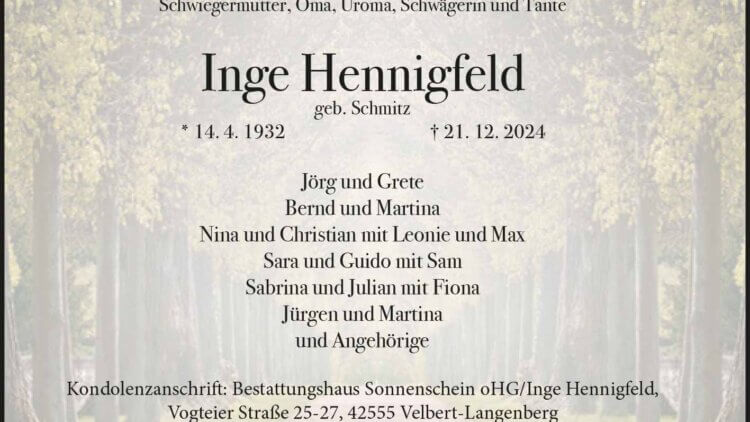 Inge Hennigfeld † 21. 12. 2024