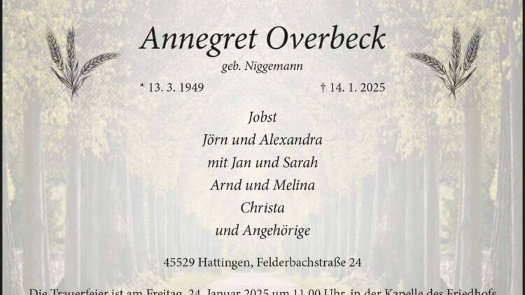 Annegret Overbeck † 14. 1. 2025