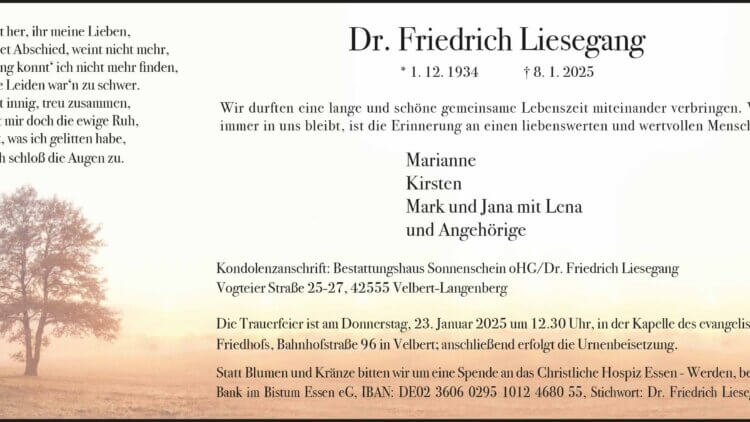 Dr. Friedrich Liesegang † 8. 1. 2025