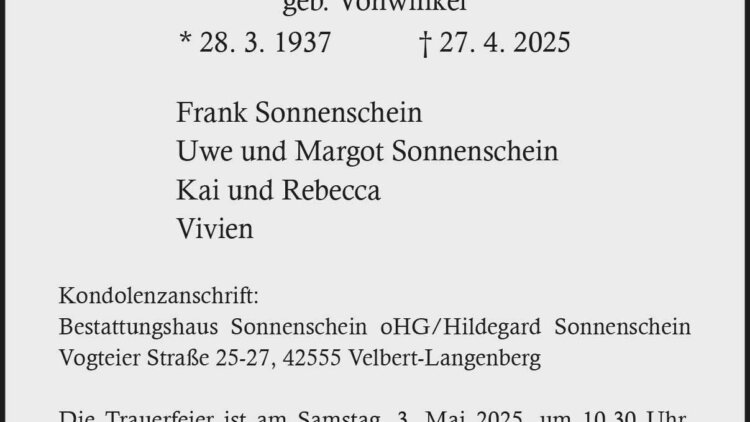 Hildegard Sonnenschein † 27. 4. 2025