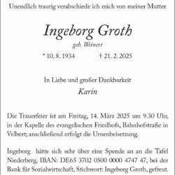 Ingeborg Groth † 21. 2. 2025