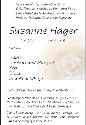 Susanne Häger † 30. 5. 2025