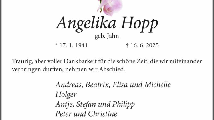 Angelika Hopp † 16. 6. 2025