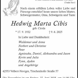 Hedwig Marta Cibis † 9. 6. 2025