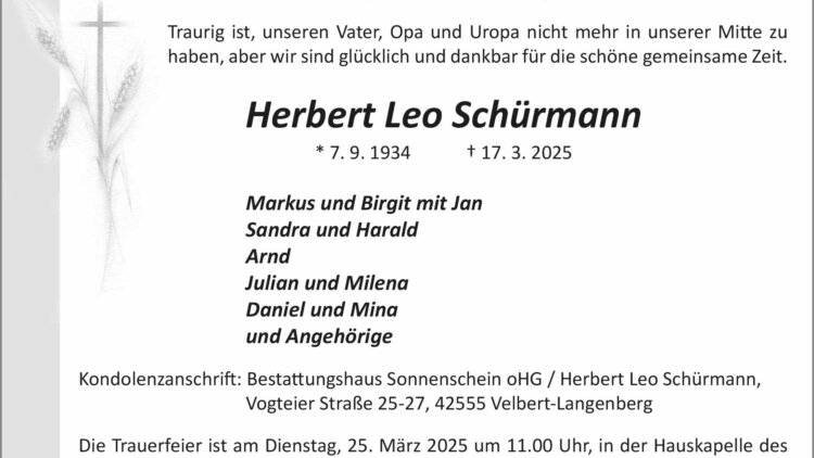 Herbert Leo Schürmann † 17. 3. 2025