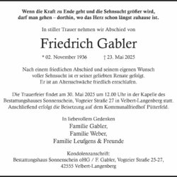 Friedrich Gabler † 23. 5. 2025