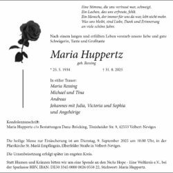 Maria Huppertz † 31. 8. 2025
