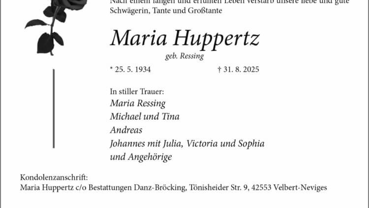 Maria Huppertz † 31. 8. 2025