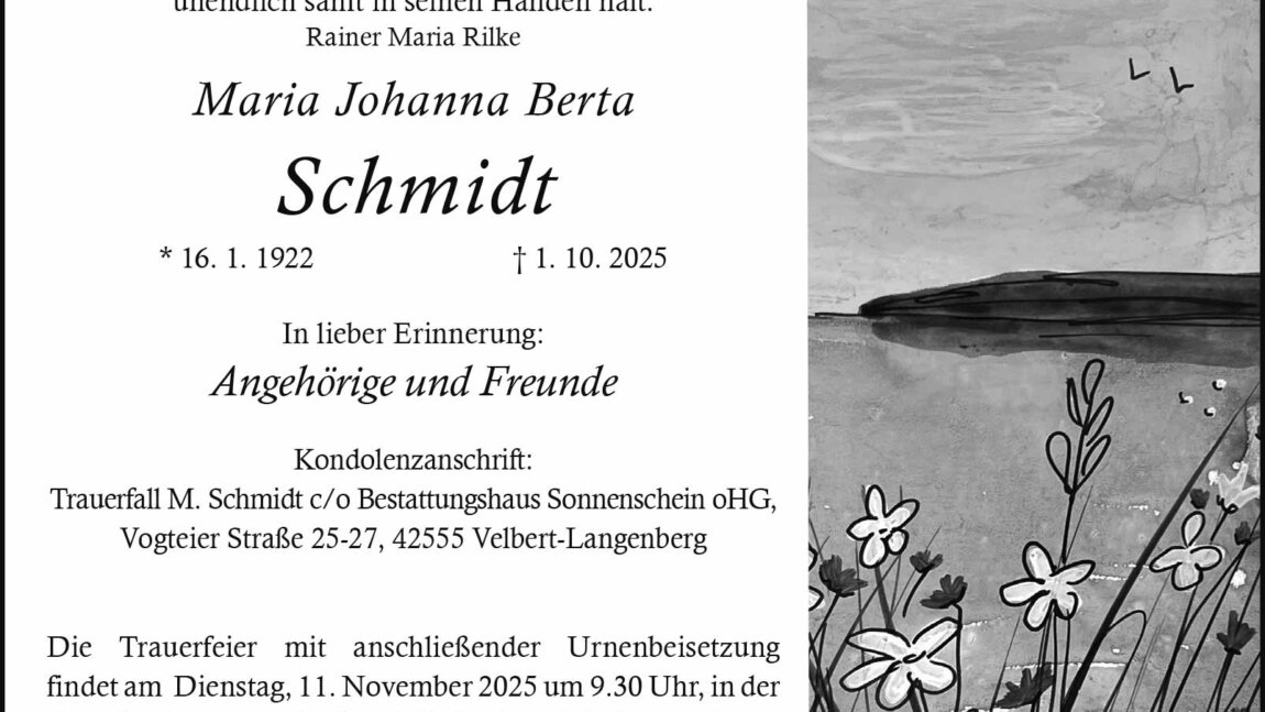 Maria Johanna Berta Schmidt † 1. 10. 2025
