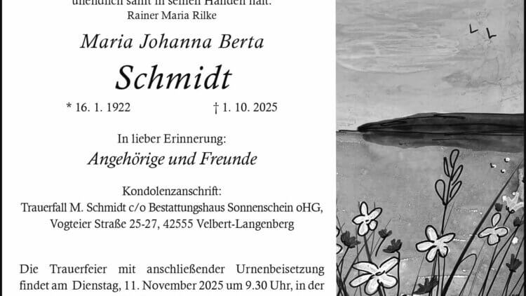 Maria Johanna Berta Schmidt † 1. 10. 2025