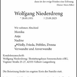Wolfgang Niederdreng † 25. 9. 2025