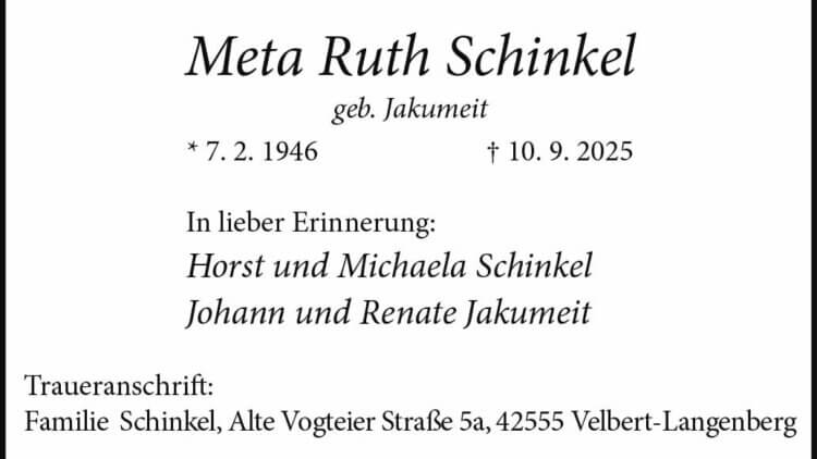Meta Ruth Schinkel † 10. 9. 2025