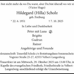Hildegard (Hilla) Scholz † 7. 10. 2025