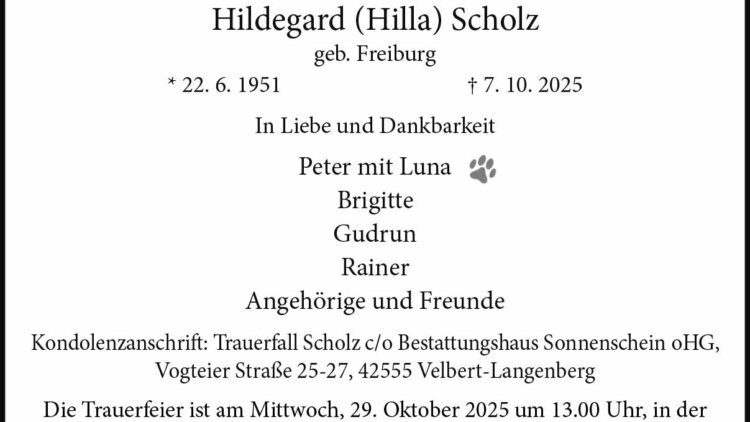 Hildegard (Hilla) Scholz † 7. 10. 2025