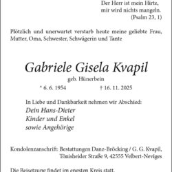 Gabriele Gisela Kvapil † 16. 11. 2025
