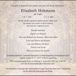 Elisabeth Hohmann † 17. 8. 2025